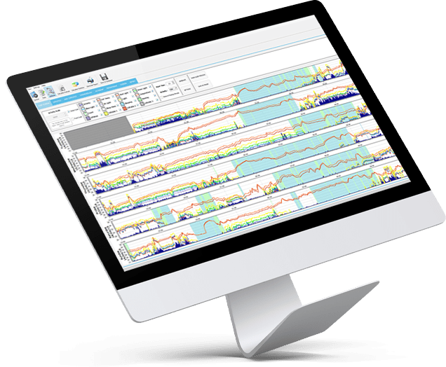 Computer monitor displaying sleep monitoring and actigraphy data visualizations used for remote sleep research analysis.