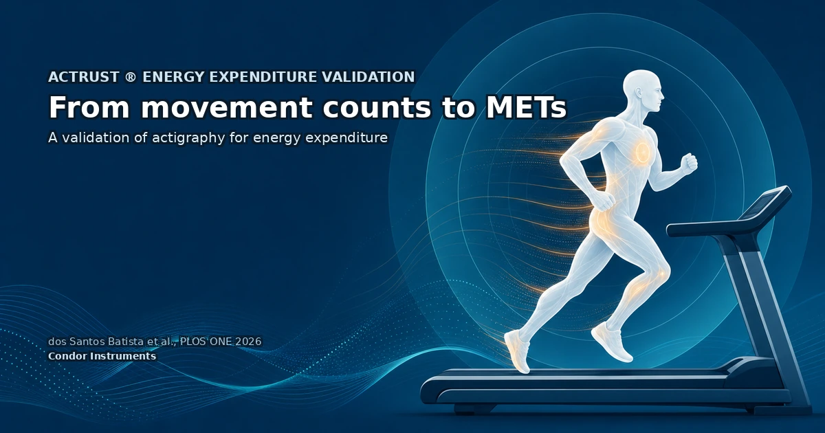 Cover art for the ActTrust actigraphy energy expenditure validation study: a glowing runner on a treadmill on a dark blue background