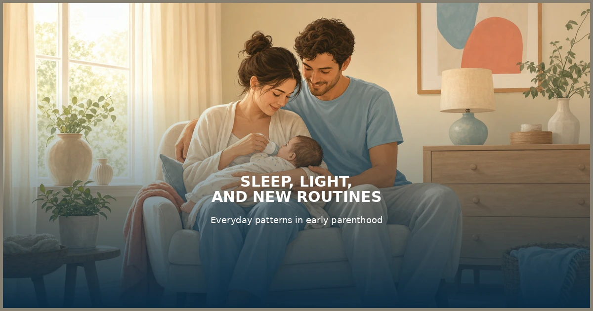 Illustrated young couple with their infant in warm daylight, representing sleep, light and new routines in early parenthood