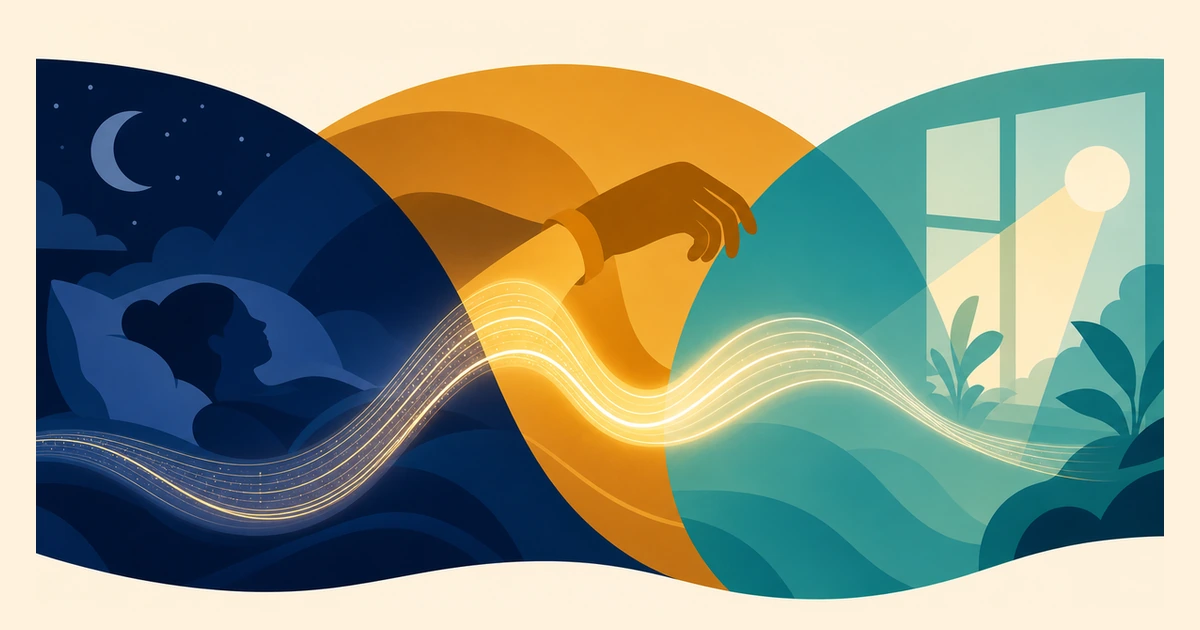 Illustrated cover: a luminous data ribbon crossing sleep, wear-time and light-environment contexts