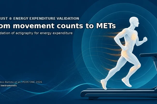 Cover art for the ActTrust actigraphy energy expenditure validation study: a glowing runner on a treadmill on a dark blue background