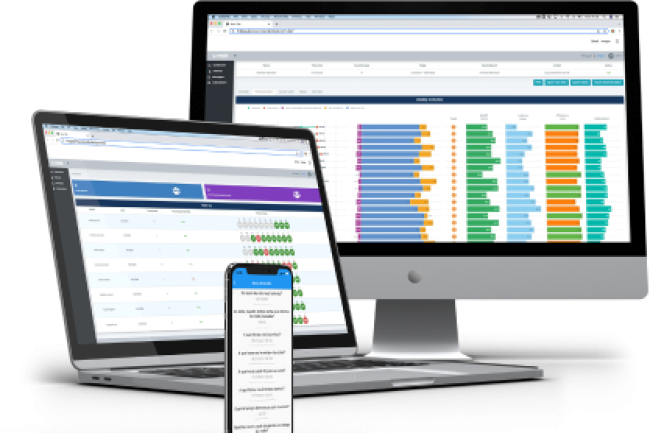 Digital sleep research platform displaying participant monitoring data across desktop and mobile devices for real-time study management.