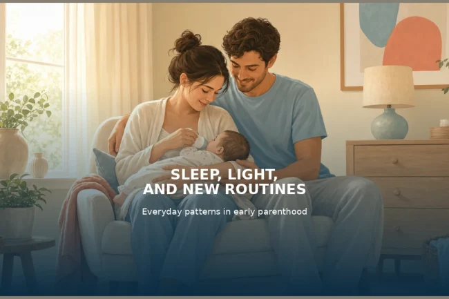 Illustrated young couple with their infant in warm daylight, representing sleep, light and new routines in early parenthood