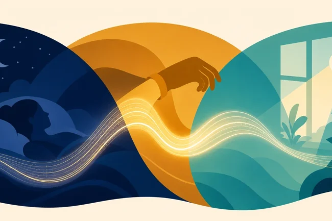 Illustrated cover: a luminous data ribbon crossing sleep, wear-time and light-environment contexts